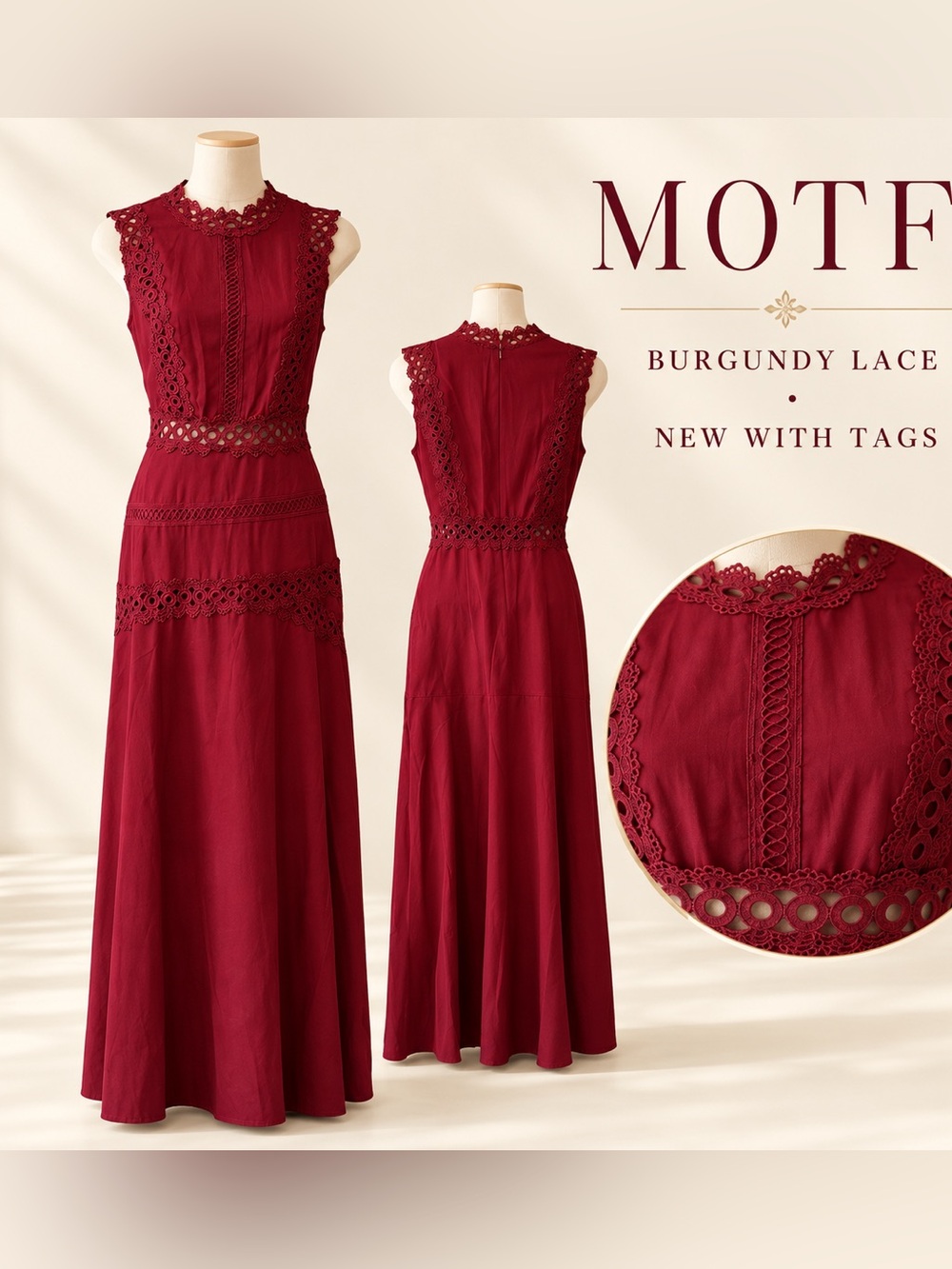 NWT MOTF Burgundy Lace Trim Maxi Dress | High Neck